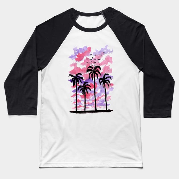 Pastel Clouds Coconut Trees Gouache Painting Baseball T-Shirt by Celestial Hue